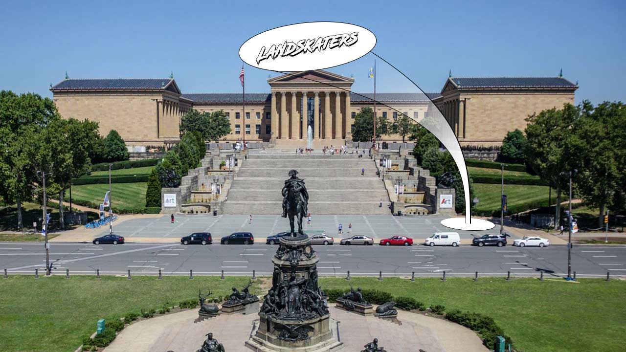 The Landskaters Meet-Up location is the foot of the Philly Art Museum Steps near the Rocky Statue